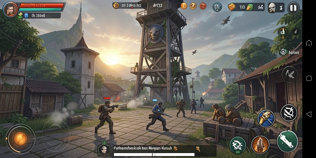 Screenshot menunjukkan menara yang aktif melawan gelombang musuh.