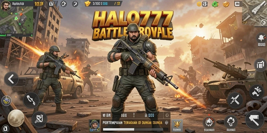 Screenshot menunjukkan aksi intens dalam HALO777 Battle Royale.