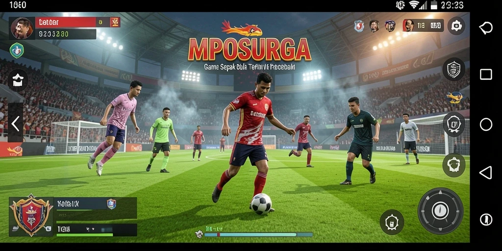 Screenshot gameplay MPOSURGA menampilkan aksi pertandingan sepak bola yang mendebarkan.